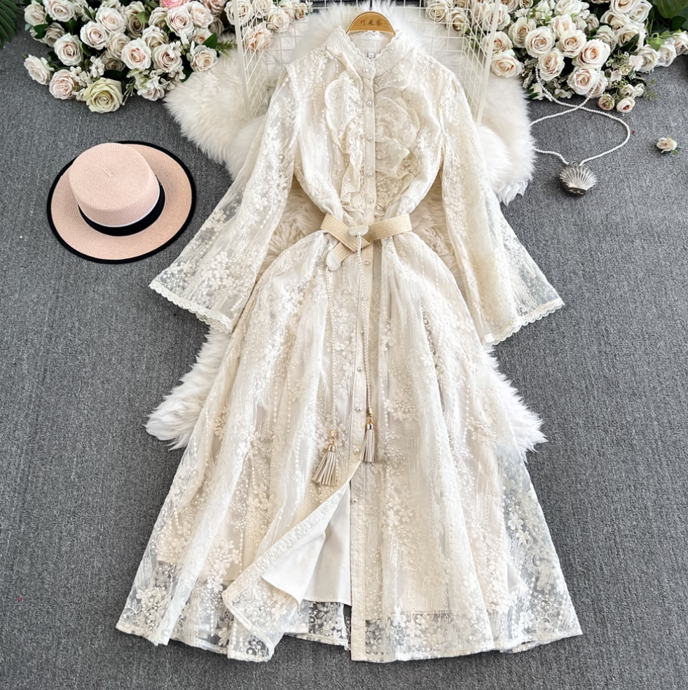 Courtly Embroidered Apricot Lace Dress