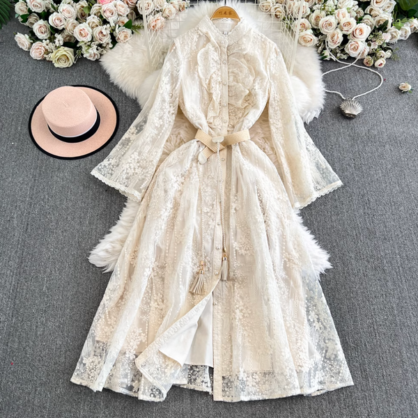Courtly Embroidered Apricot Lace Dress