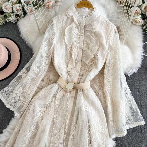 Courtly Embroidered Apricot Lace Dress