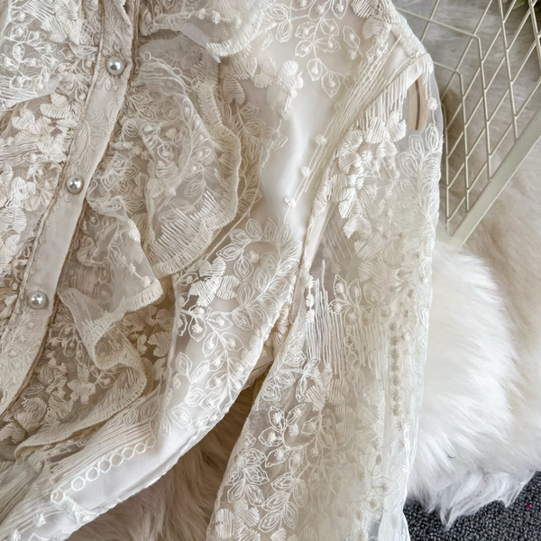 Courtly Embroidered Apricot Lace Dress