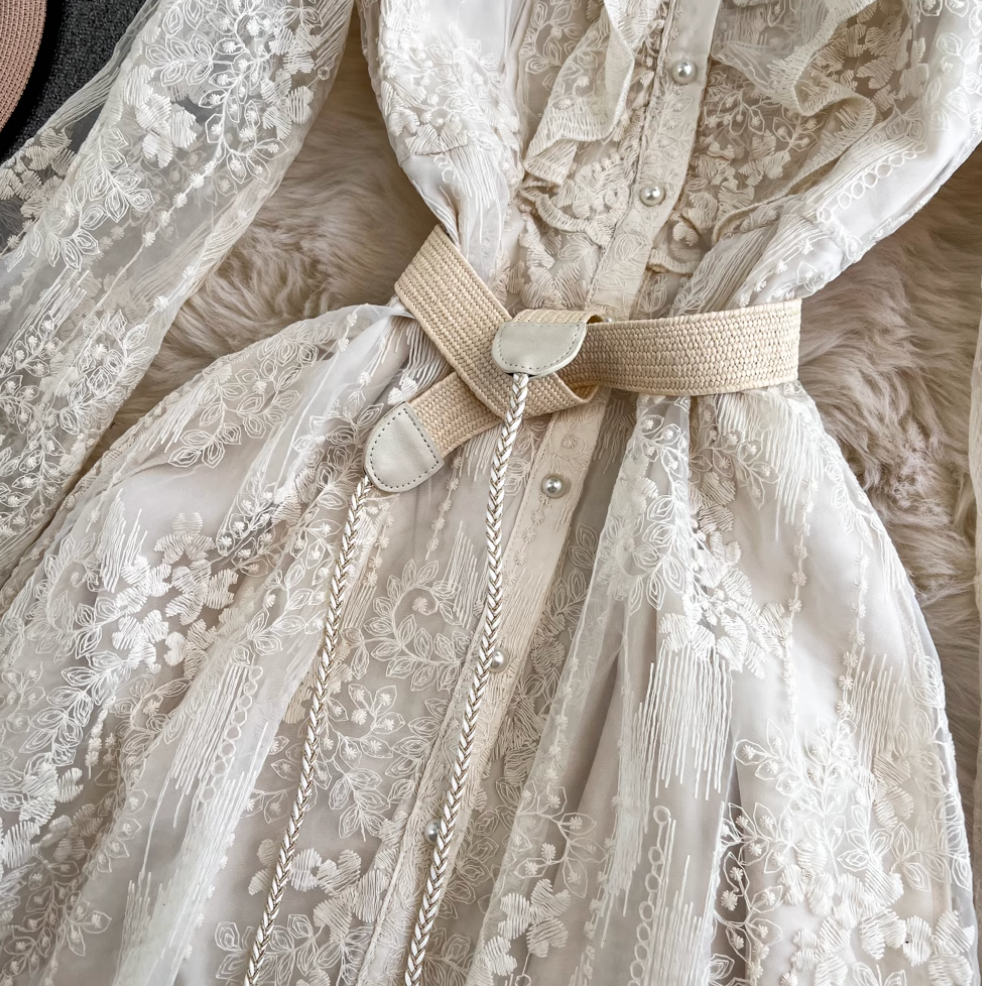 Courtly Embroidered Apricot Lace Dress