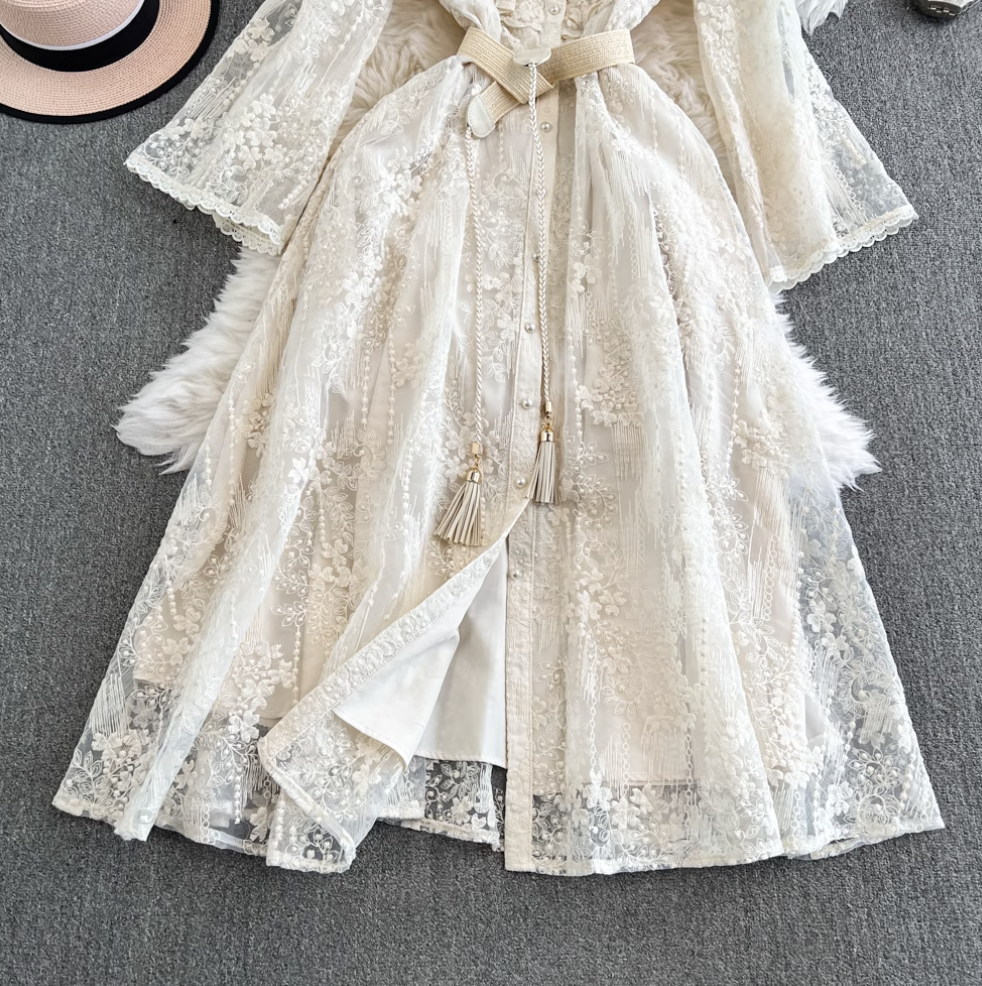 Courtly Embroidered Apricot Lace Dress