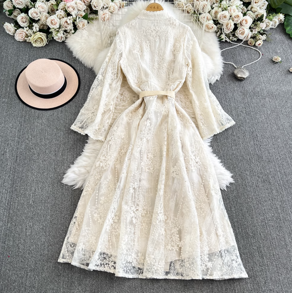 Courtly Embroidered Apricot Lace Dress