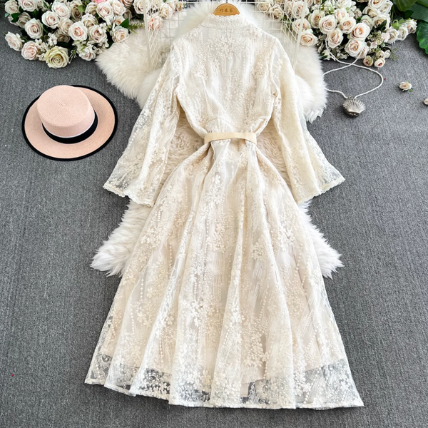 Courtly Embroidered Apricot Lace Dress