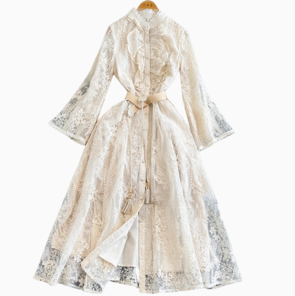 Courtly Embroidered Apricot Lace Dress