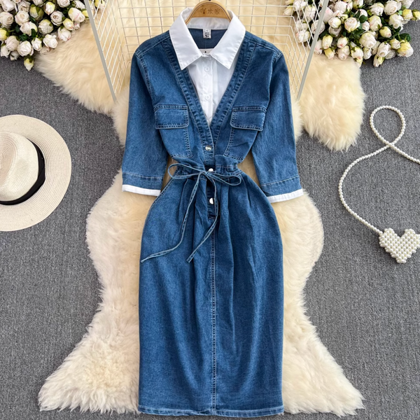 Niche Shirt Collar Denim Patchwork Dress