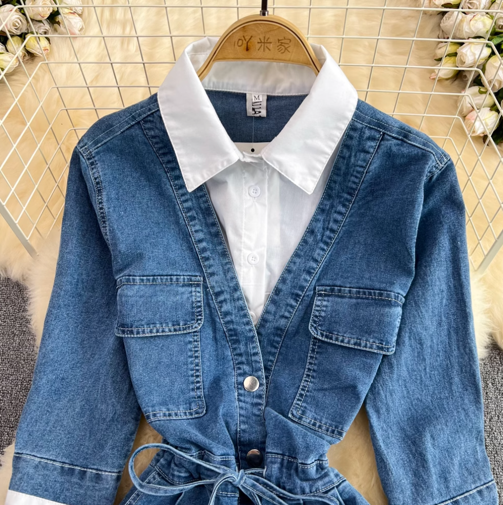 Niche Shirt Collar Denim Patchwork Dress