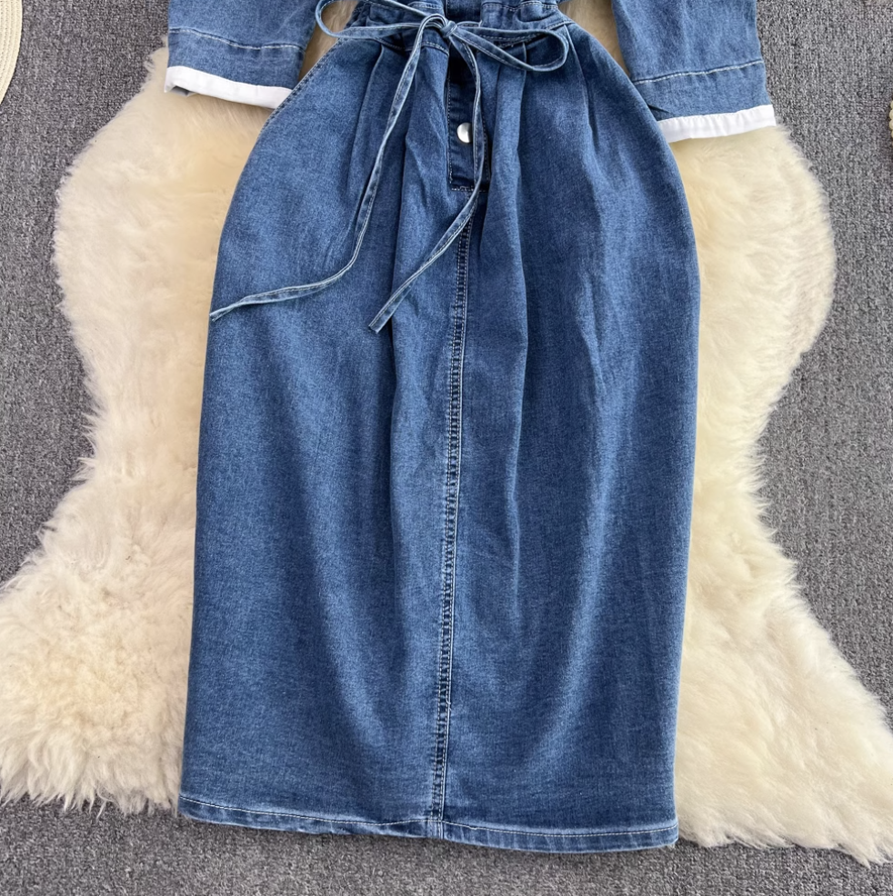 Niche Shirt Collar Denim Patchwork Dress