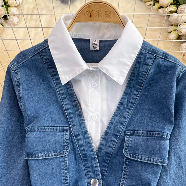 Niche Shirt Collar Denim Patchwork Dress