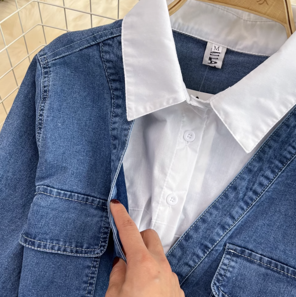 Niche Shirt Collar Denim Patchwork Dress