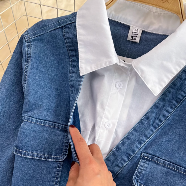Niche Shirt Collar Denim Patchwork Dress