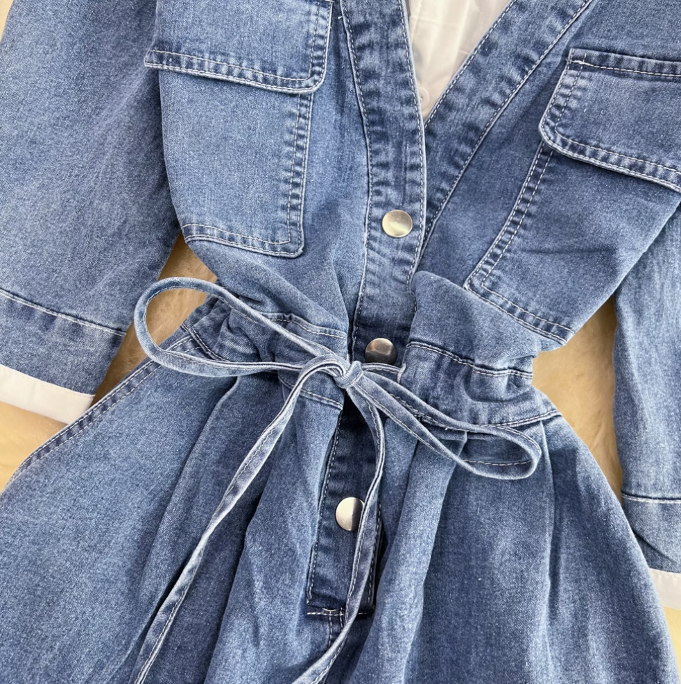 Niche Shirt Collar Denim Patchwork Dress