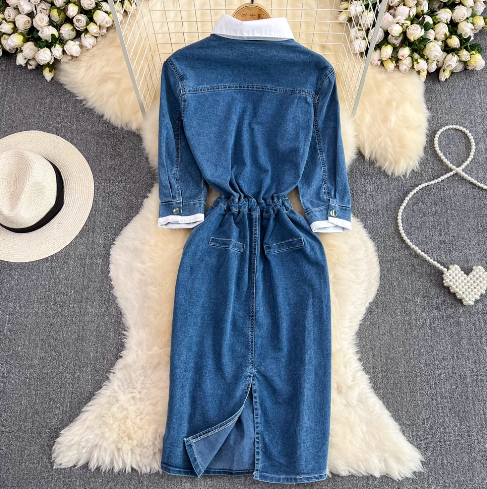 Niche Shirt Collar Denim Patchwork Dress