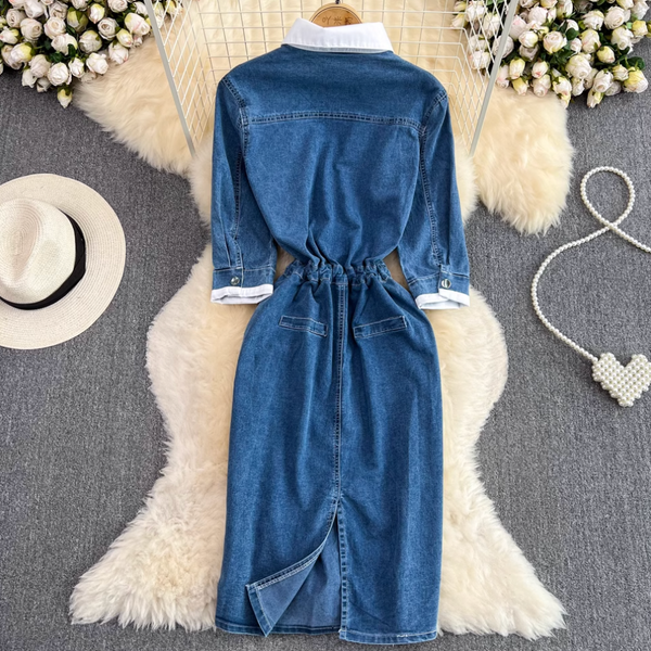 Niche Shirt Collar Denim Patchwork Dress