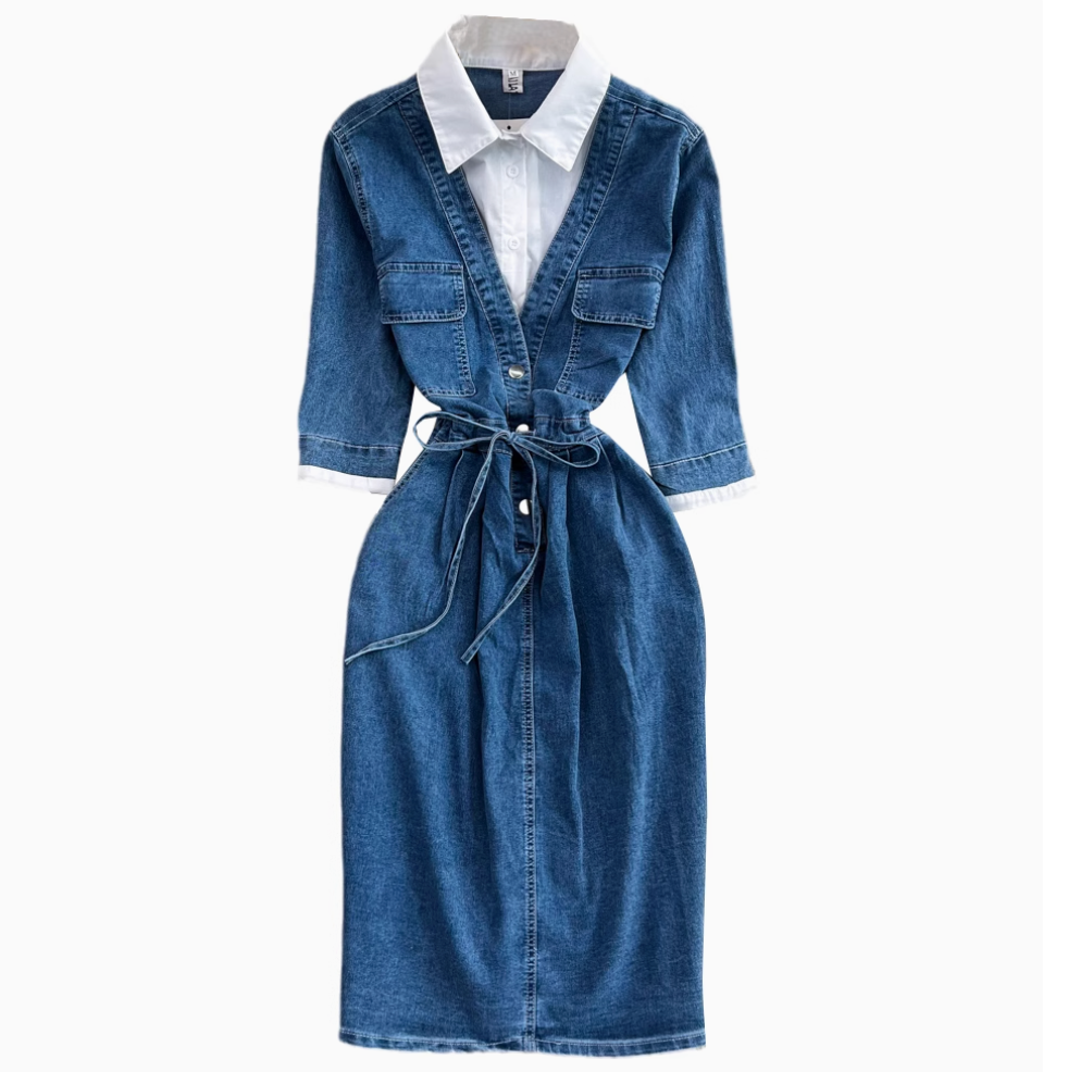 Niche Shirt Collar Denim Patchwork Dress