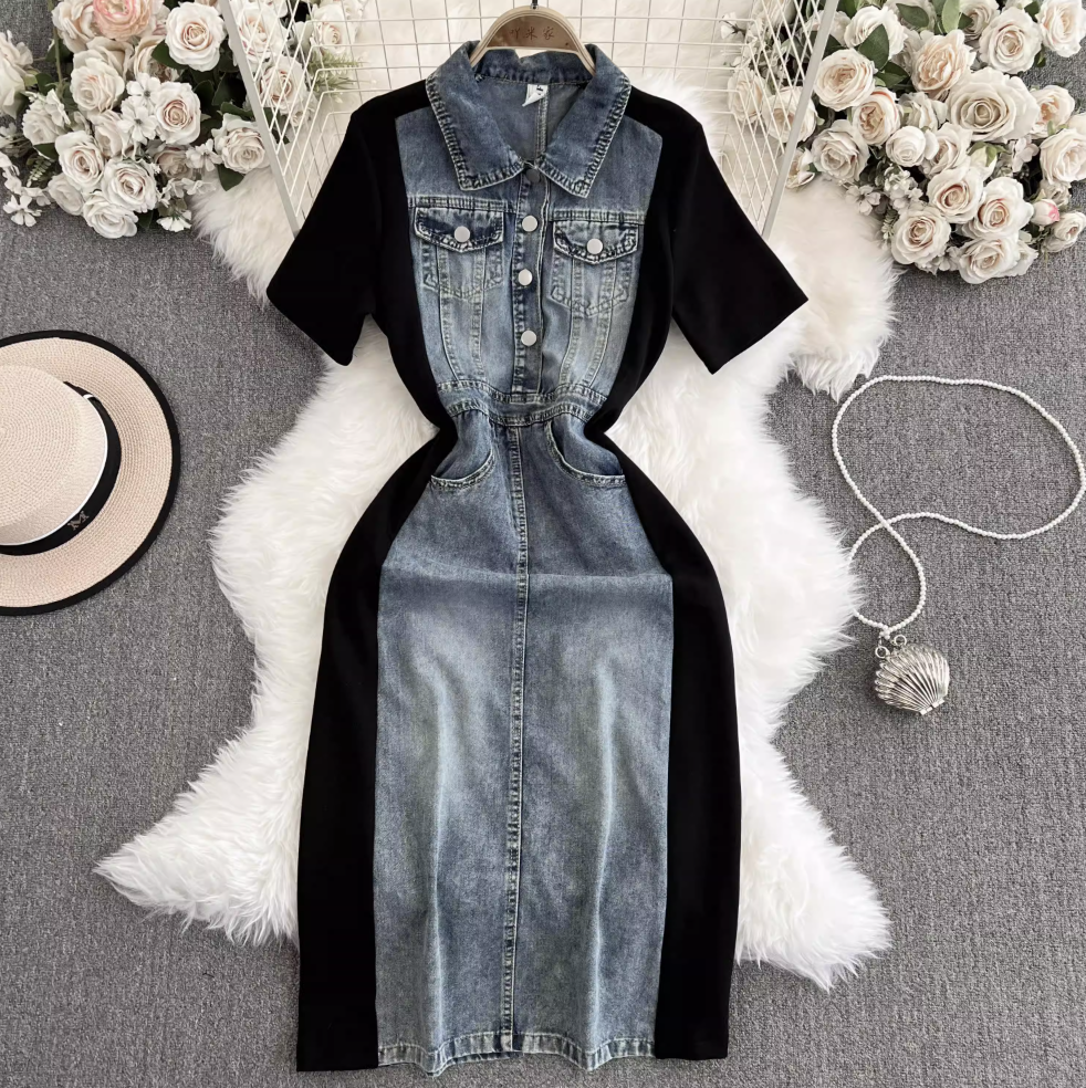 Suit Collar Denim Patchwork Dress