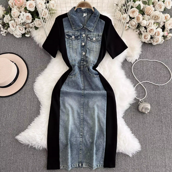 Suit Collar Denim Patchwork Dress