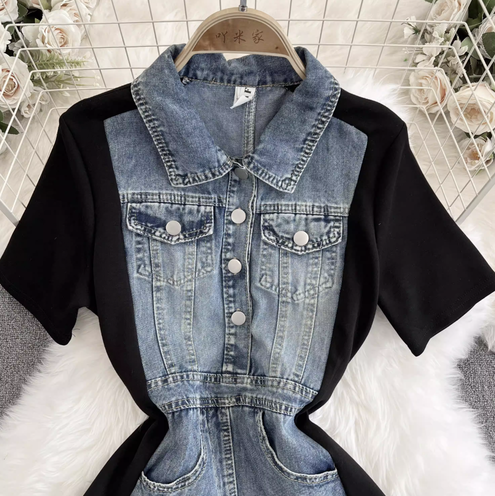 Suit Collar Denim Patchwork Dress