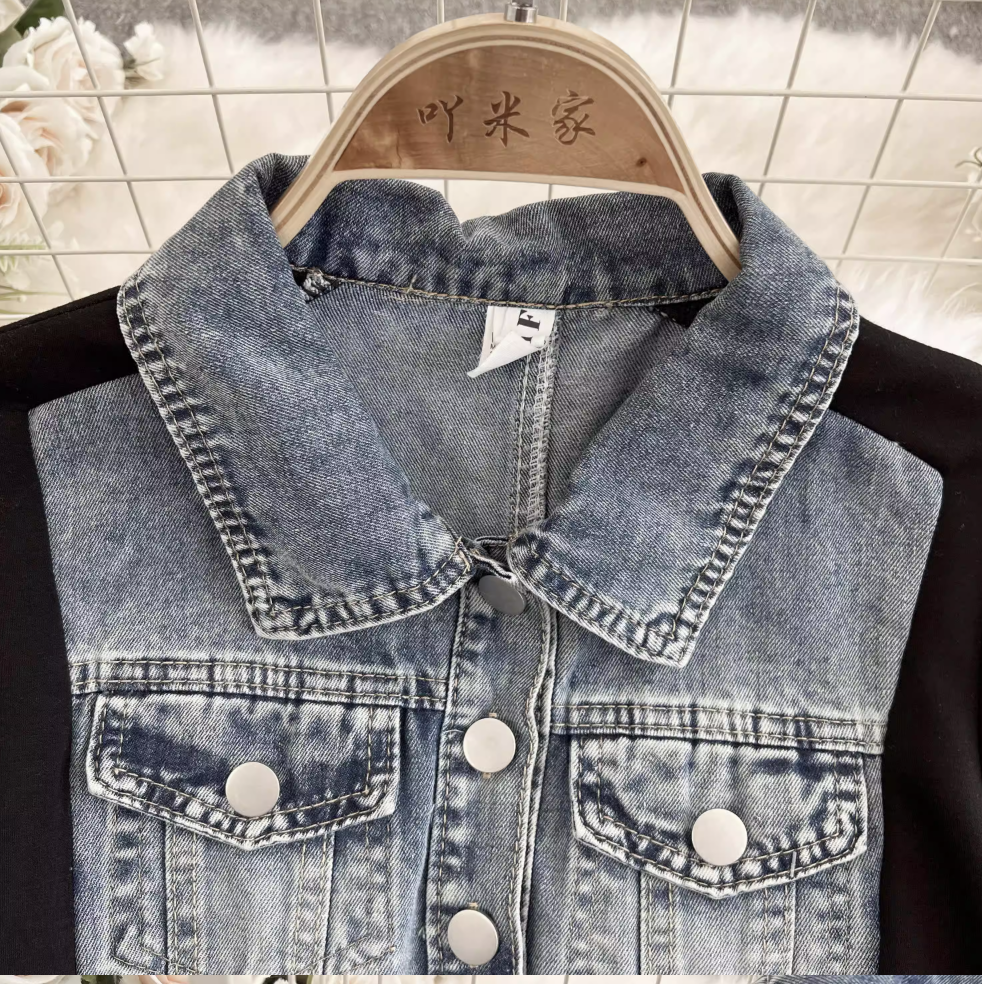 Suit Collar Denim Patchwork Dress