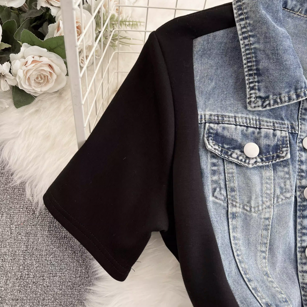 Suit Collar Denim Patchwork Dress
