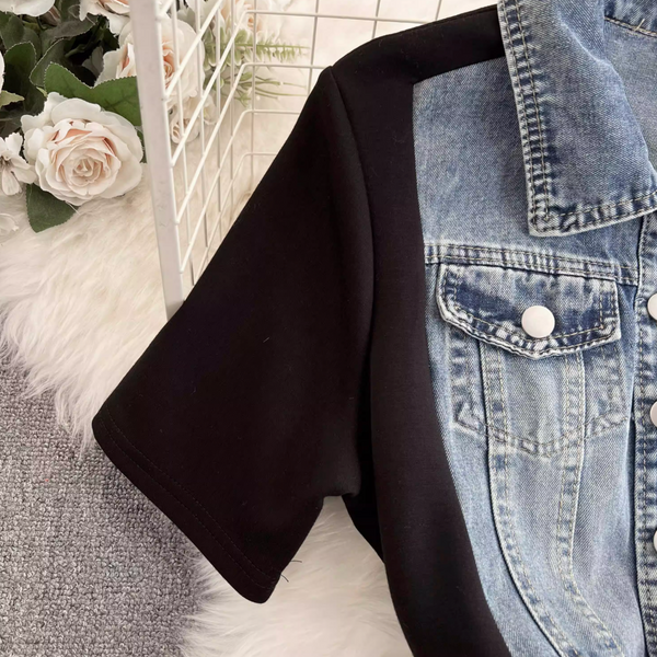 Suit Collar Denim Patchwork Dress