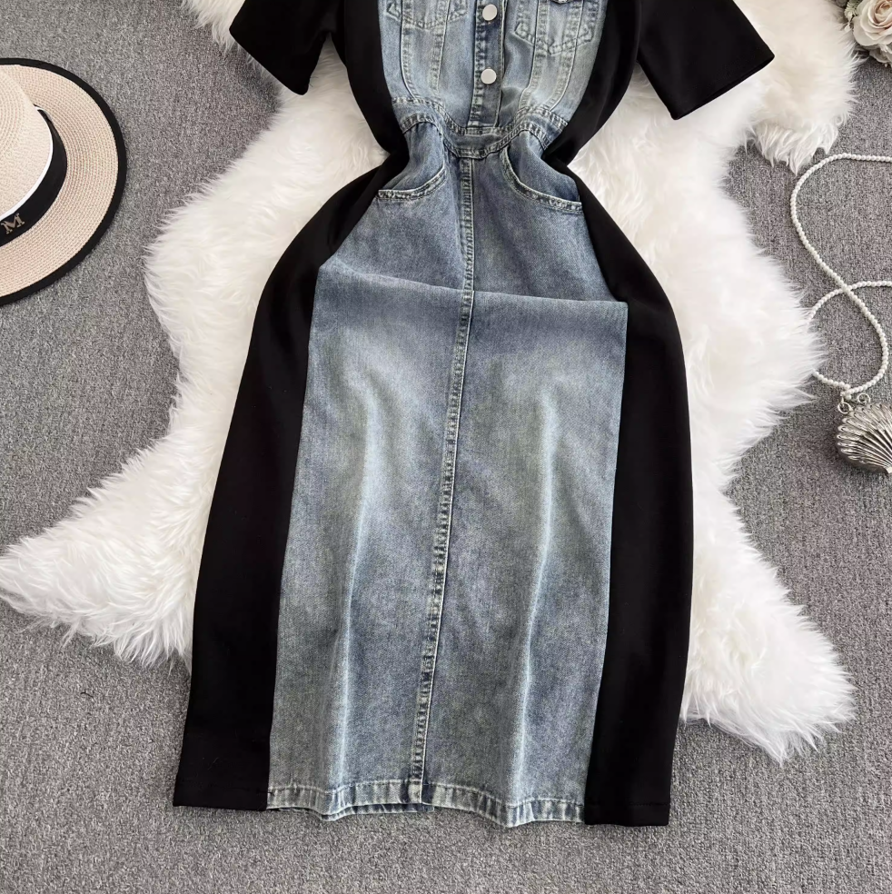 Suit Collar Denim Patchwork Dress