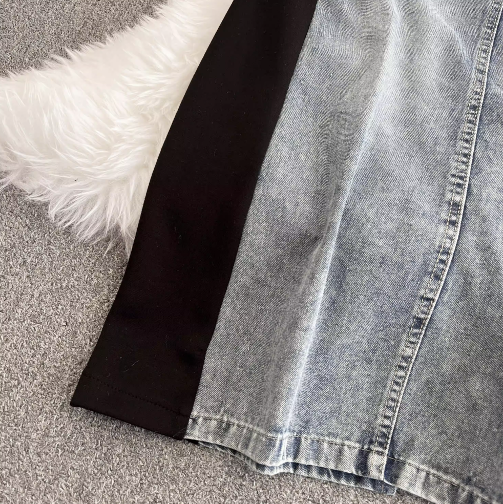 Suit Collar Denim Patchwork Dress