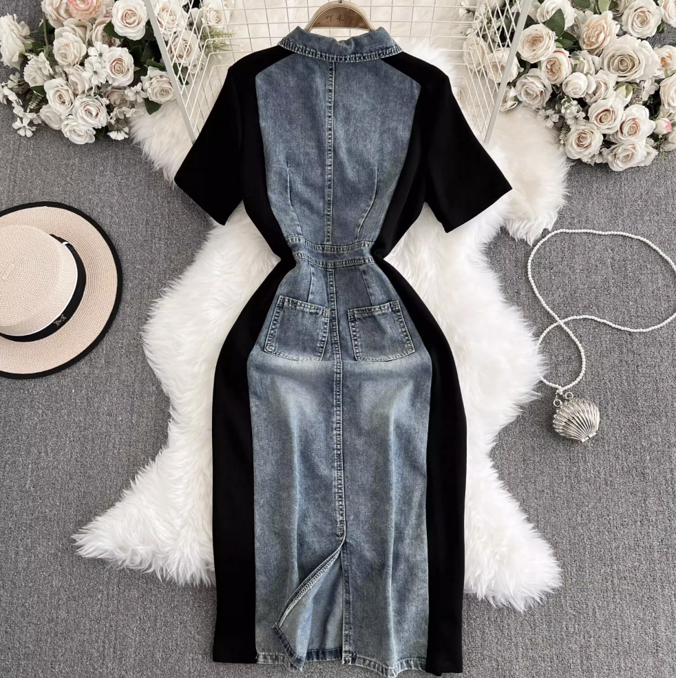 Suit Collar Denim Patchwork Dress