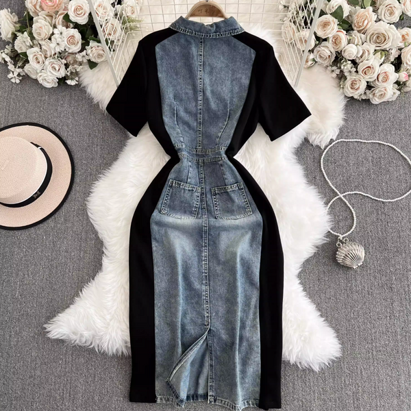 Suit Collar Denim Patchwork Dress