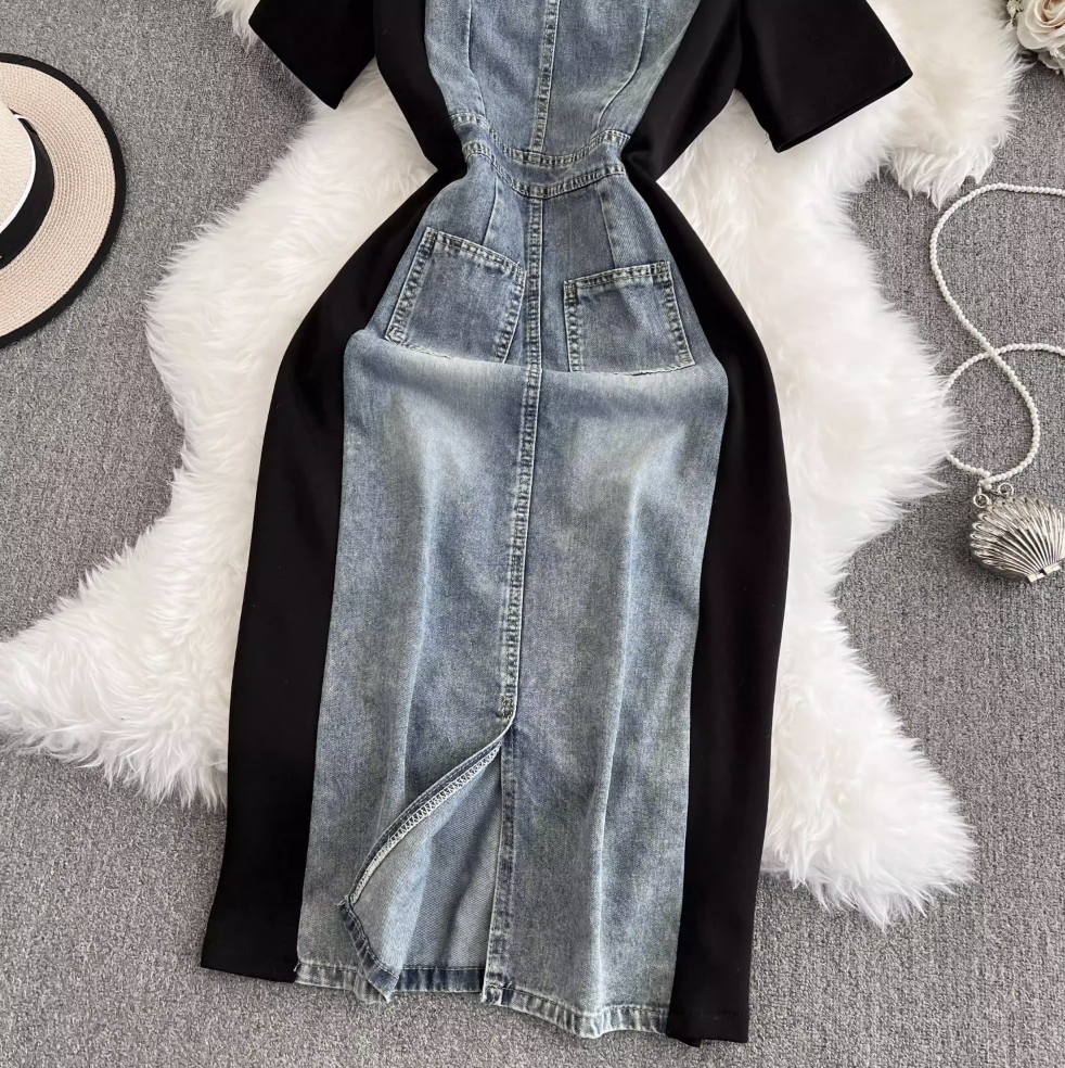 Suit Collar Denim Patchwork Dress