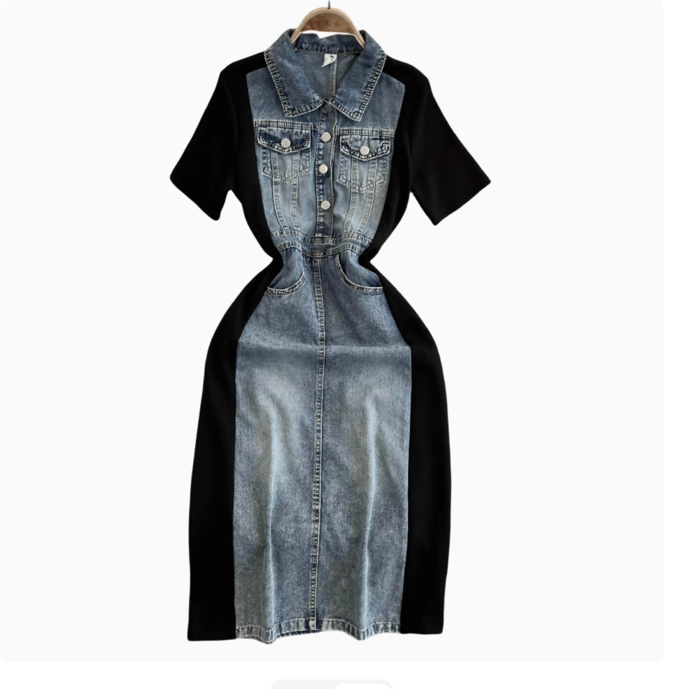 Suit Collar Denim Patchwork Dress