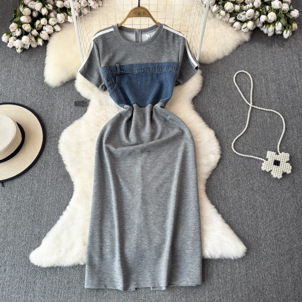 French Style Denim Patchwork Dress