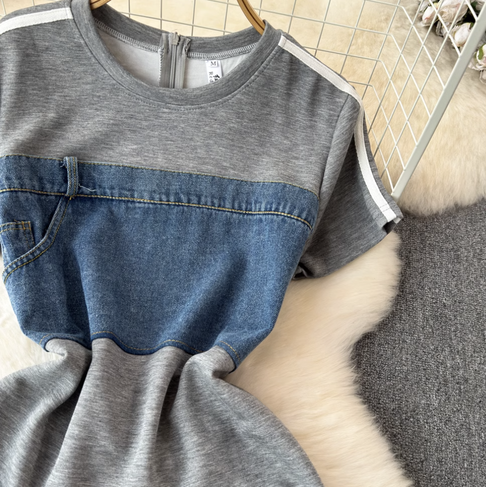 French Style Denim Patchwork Dress
