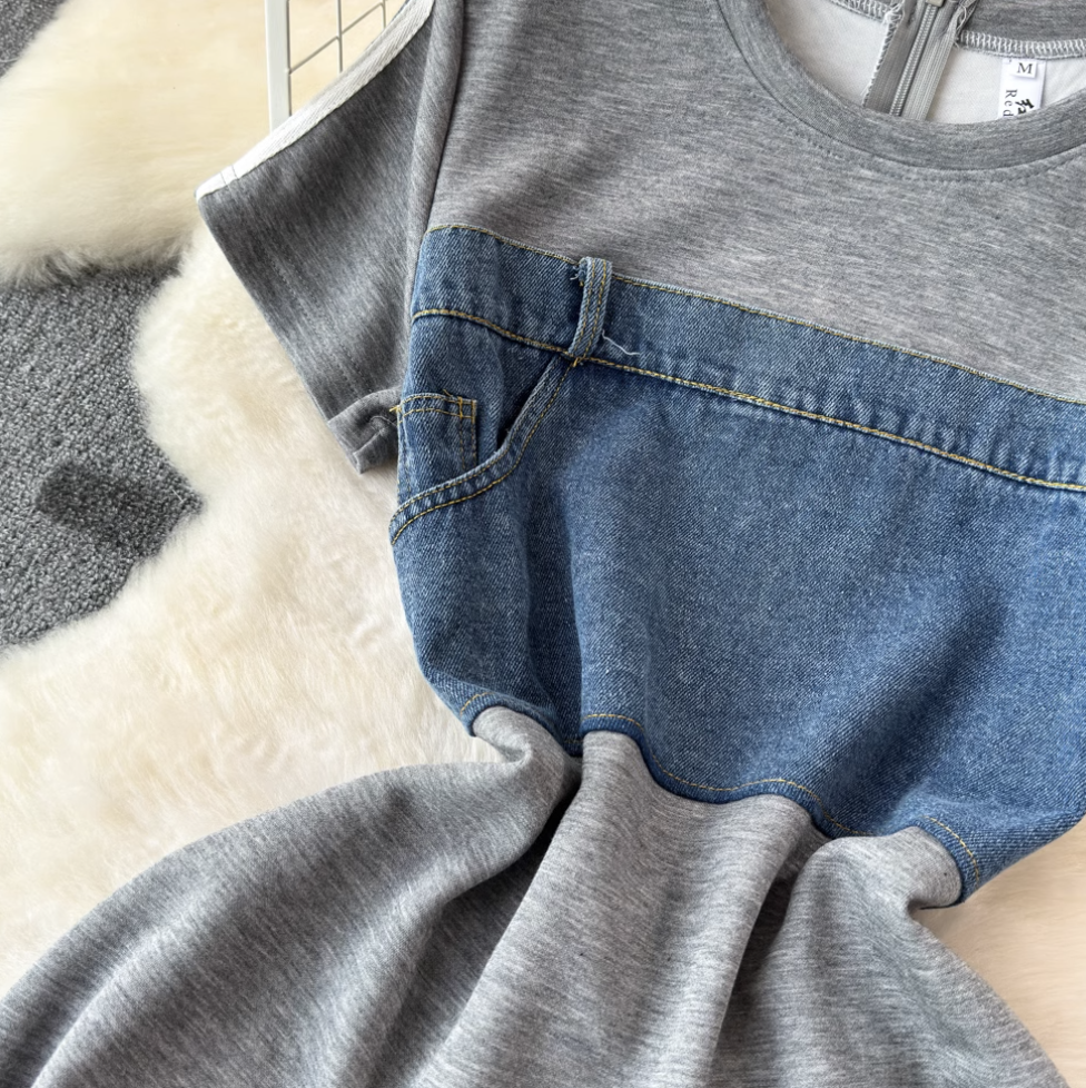 French Style Denim Patchwork Dress