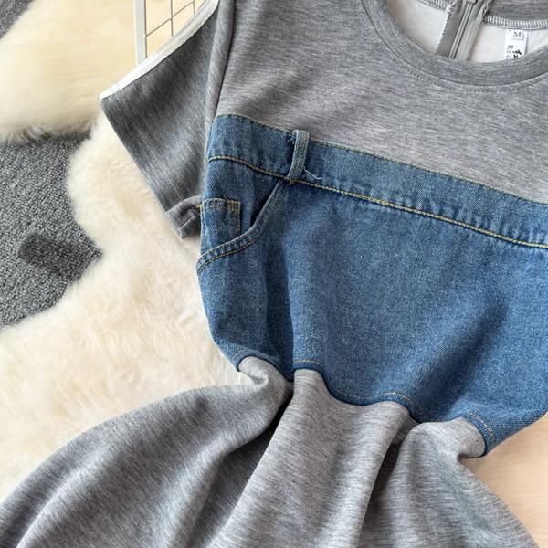 French Style Denim Patchwork Dress