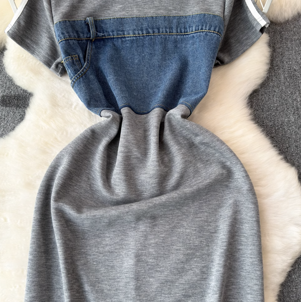 French Style Denim Patchwork Dress