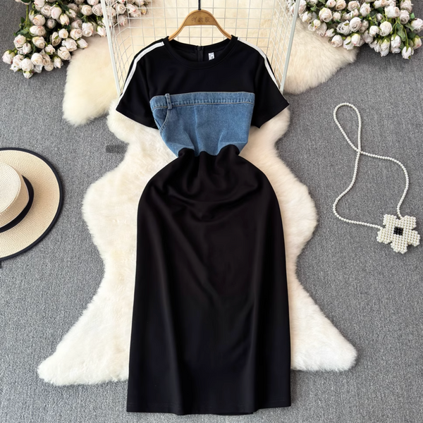 French Style Denim Patchwork Dress