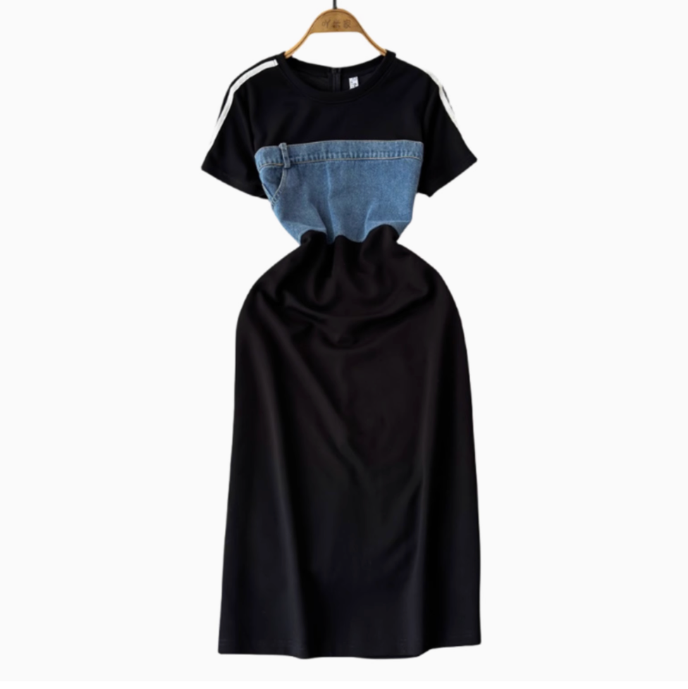 French Style Denim Patchwork Dress