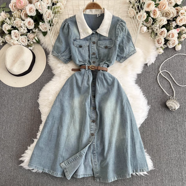Chic Lapeled Denim Dress with Belt