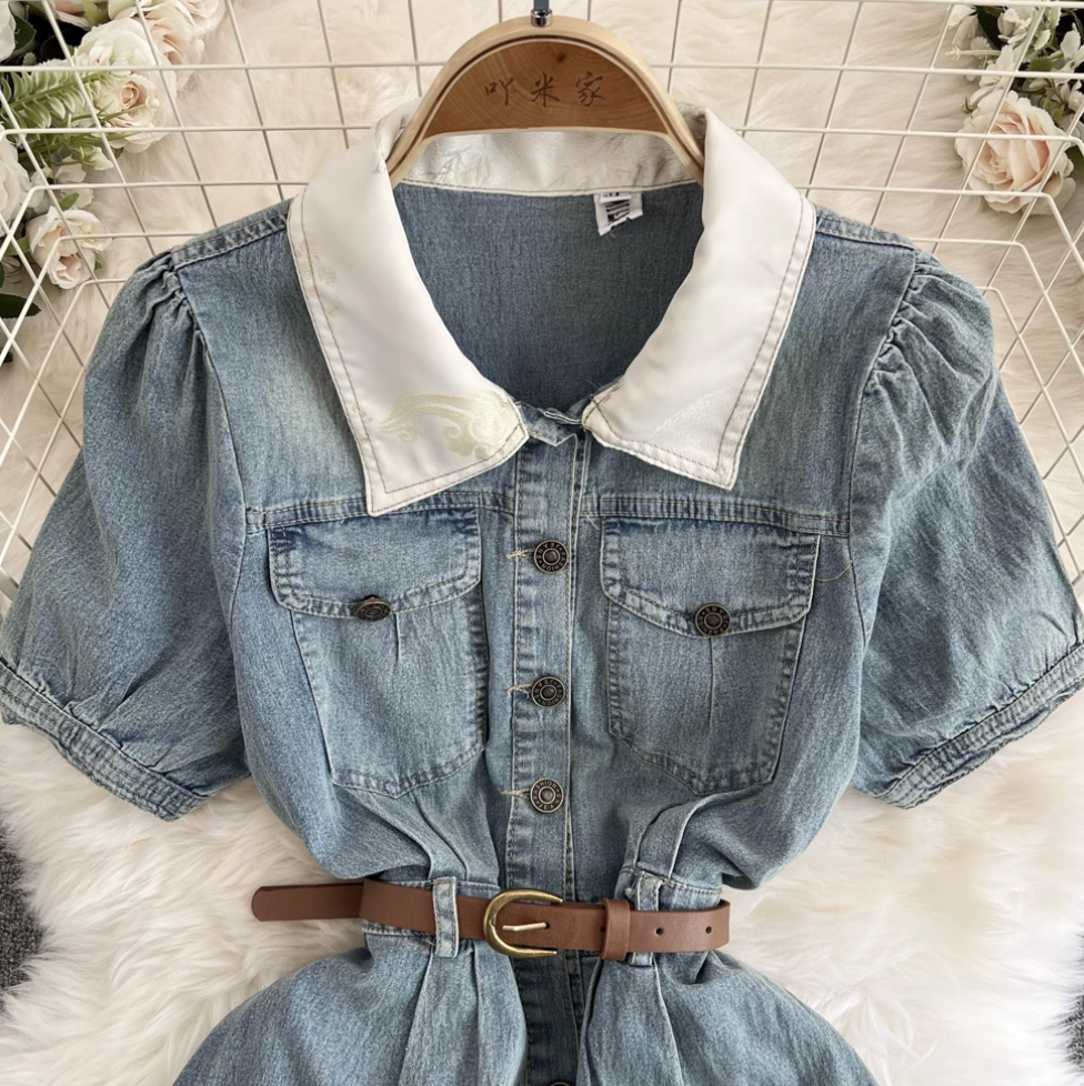 Chic Lapeled Denim Dress with Belt