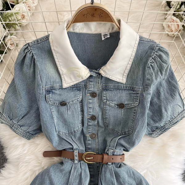 Chic Lapeled Denim Dress with Belt