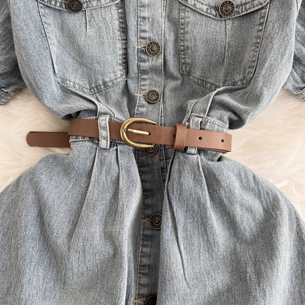 Chic Lapeled Denim Dress with Belt