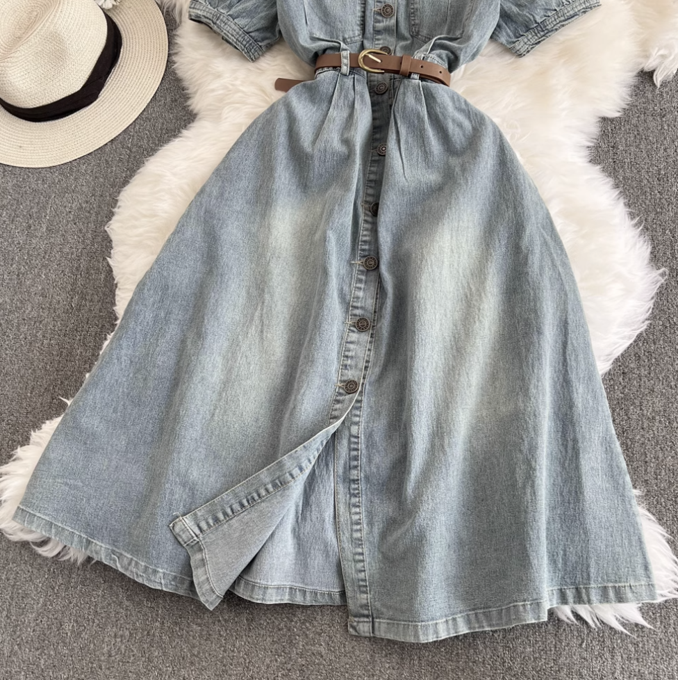Chic Lapeled Denim Dress with Belt