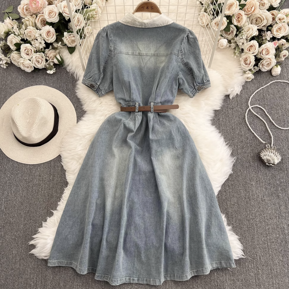 Chic Lapeled Denim Dress with Belt