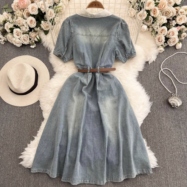 Chic Lapeled Denim Dress with Belt