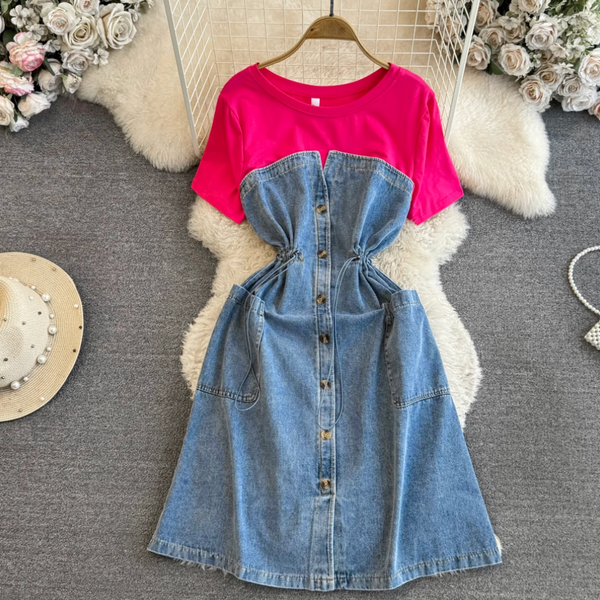Elastic Drawstring Patchwork Denim Dress