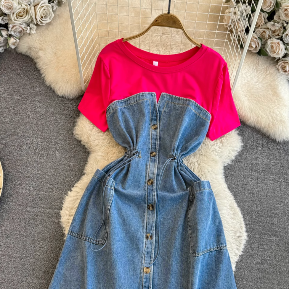Elastic Drawstring Patchwork Denim Dress