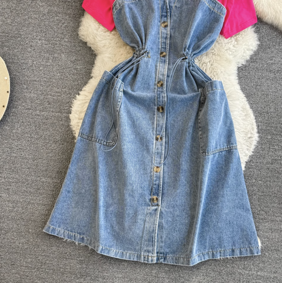Elastic Drawstring Patchwork Denim Dress