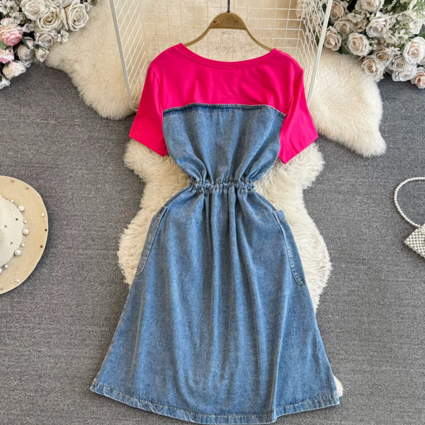 Elastic Drawstring Patchwork Denim Dress
