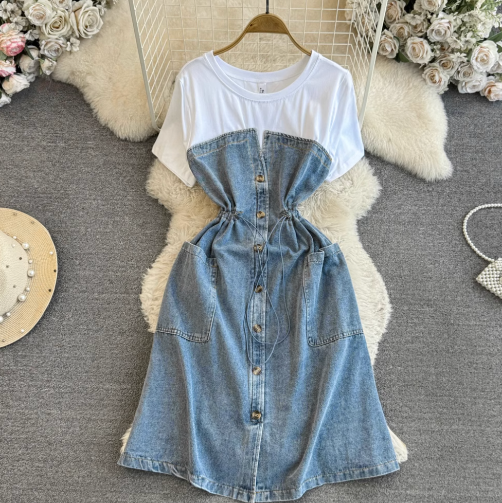 Elastic Drawstring Patchwork Denim Dress